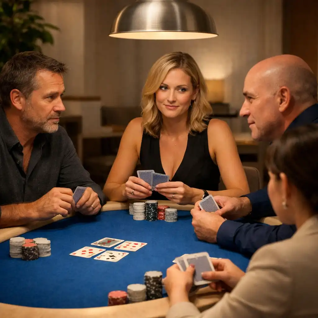 Négy vendég figyel egymásra egy kék feltű fizikai pokerasztalnál.