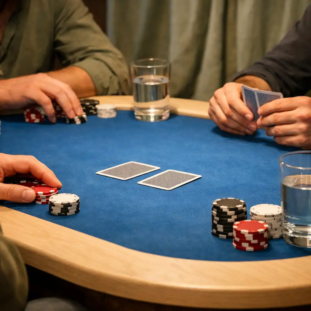 Résztvevők kezei egy kék feltű fizikai pokerasztal körül