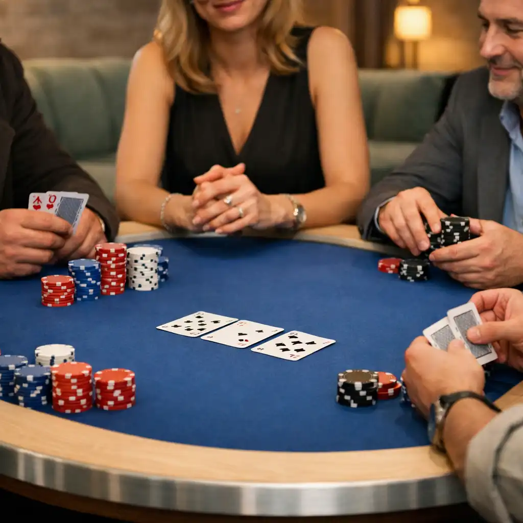 Beszélgető vendégek kezei egy Electric Blue felt borítású fizikai pokerasztal körül, modern loft környezetben.