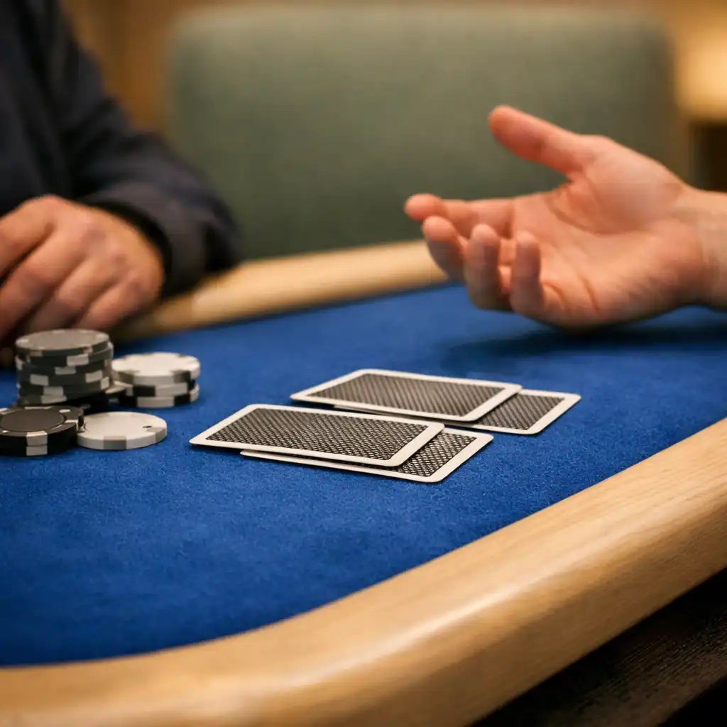 Electric Blue felt asztalsarok, lefelé fordított kártyák, semleges zsetonok és két emberi kéz egy Card Room térben.