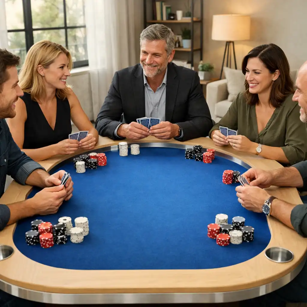 Öt felnőtt vendég ül egy Electric Blue felt felületű fizikai pokerasztal körül egy világos loftban.