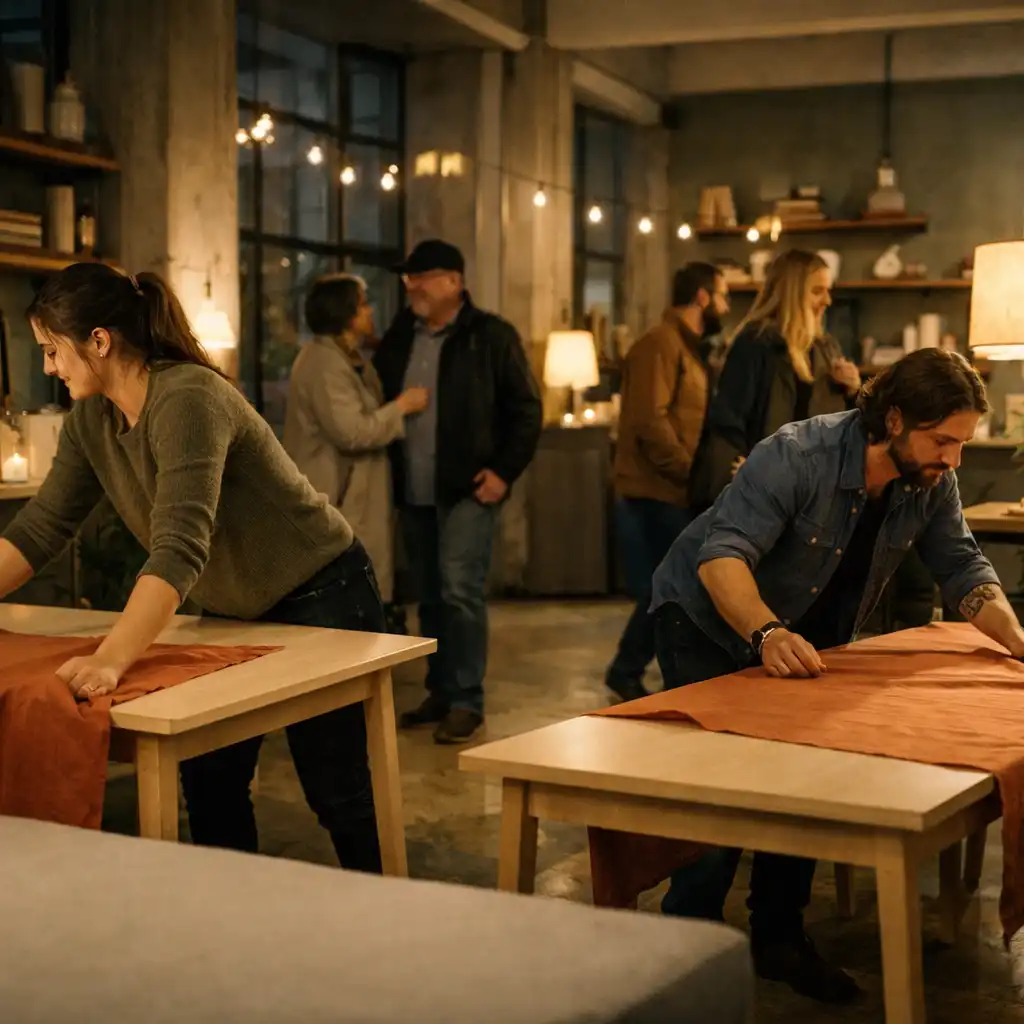 Előkészítés alatt álló, meleg fényű loft eseménytér asztalokkal és érkező vendégekkel.
