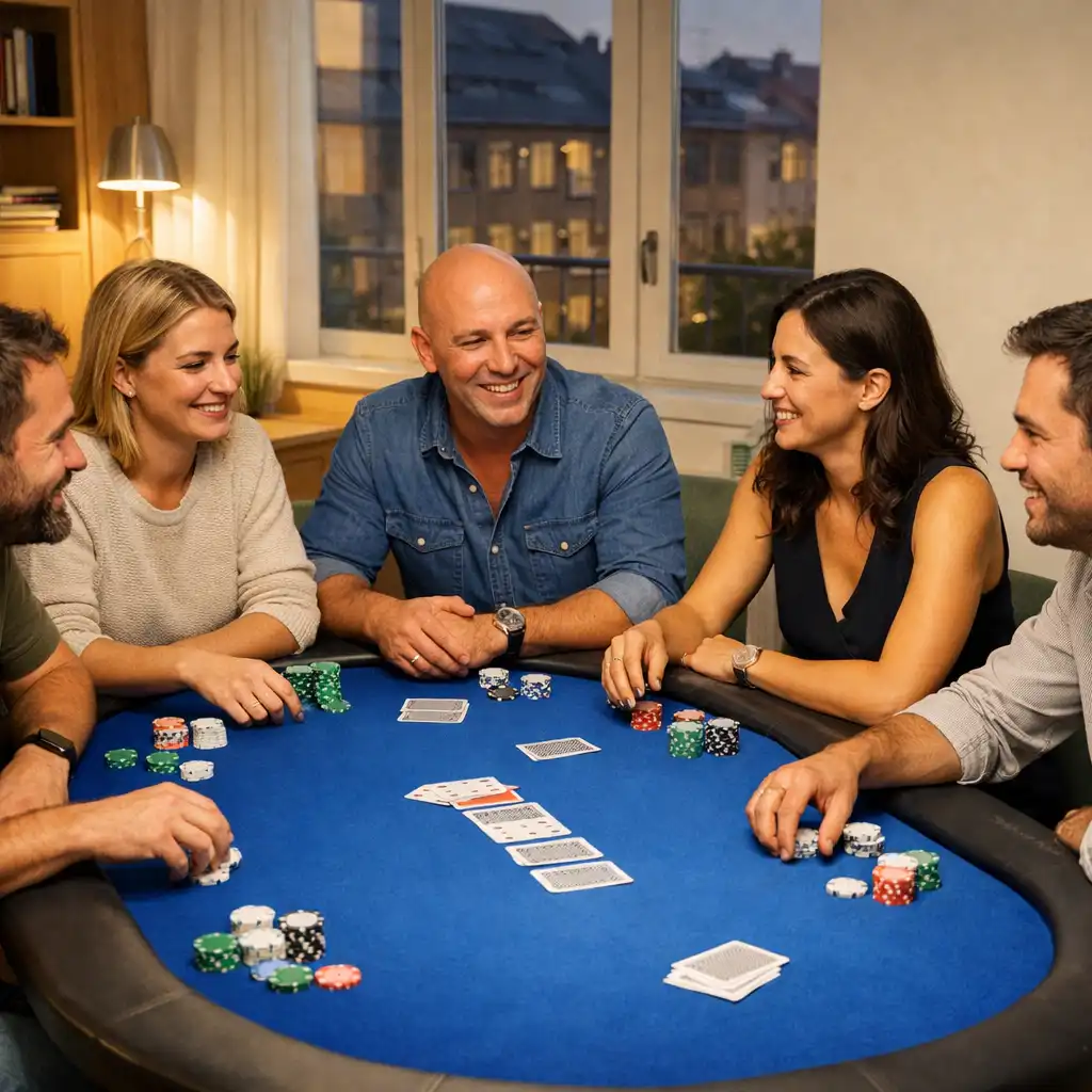 Beszélgető felnőttek egy kék feltű fizikai pokerasztal körül, világos lofttérben.
