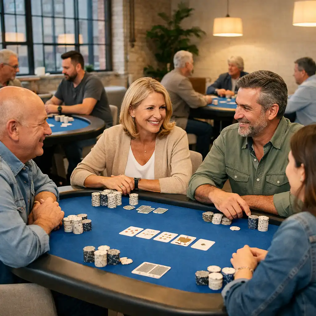 Kék felt borítású fizikai pokerasztalok körül beszélgető vendégek egy világos loftban.