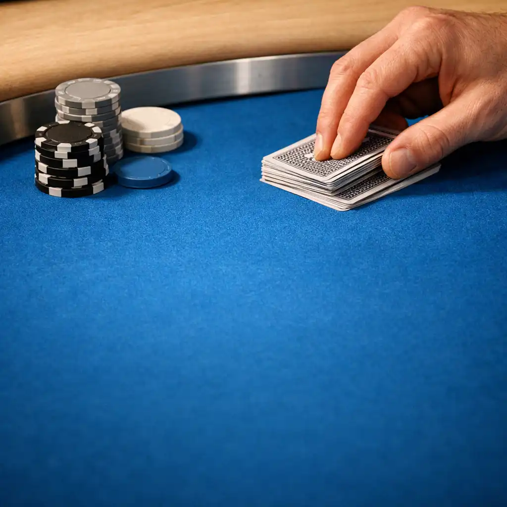 Kéz kártyát rendez egy Electric Blue feltű, világos fa szélű fizikai pokerasztalon.