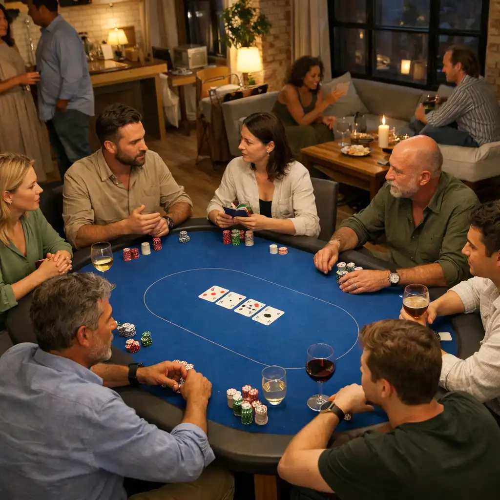 Felülnézethez közeli társasági est egy fizikai pokerasztal körül, világos lofttérben.