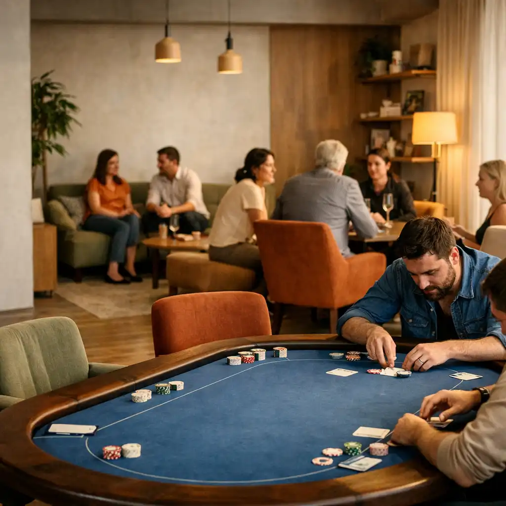 Nyitott lofttérben beszélgető vendégek és egy fizikai pokerasztal.