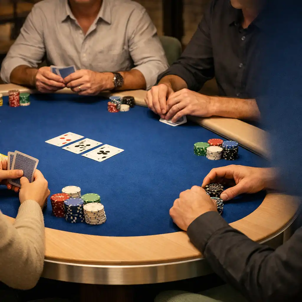 Fizikai pokerasztal Electric Blue felt felülettel, kártyákkal és egymásra figyelő vendégek kezeivel