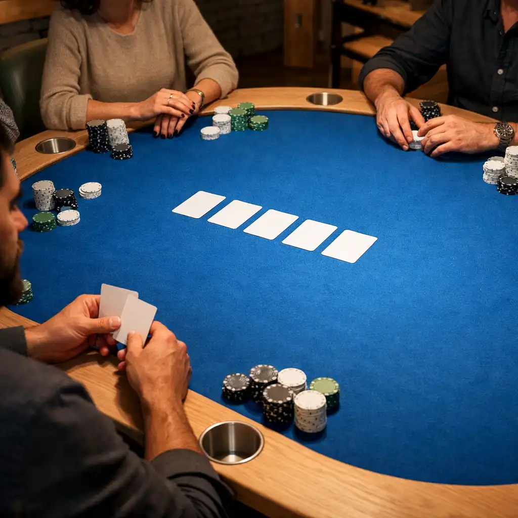 Résztvevők egy Electric Blue felt borítású fizikai pokerasztal körül